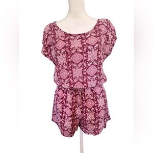 XL Mia Chica pink cream paisley print romper bow back linen hippie cottage